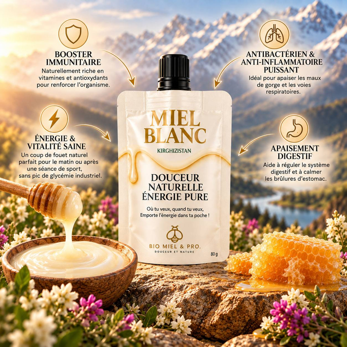 Miel Blanc du Kirghizistan Format nomade 80g
